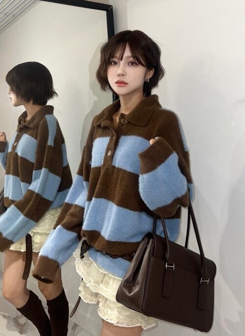 Blue And Brown Striped Collared Sweater | Seulgi - Red Velvet