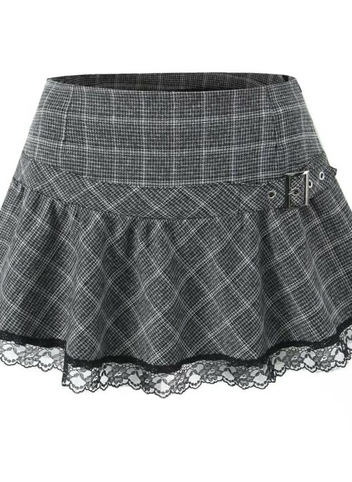 Grey Plaid Lace-Trim Skirt | Nayeon – Twice