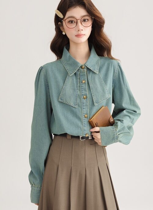 Korean Style Bow Puff Sleeve Denim Shirt