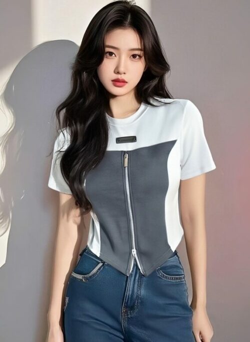 Korean Style Short Sleeve Patchwork Tee