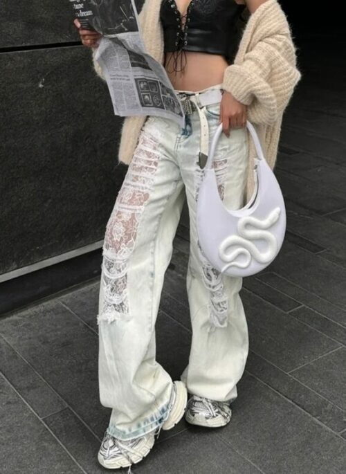 Light Blue Lace Ripped Jeans | Yunjin – Le Sserafim