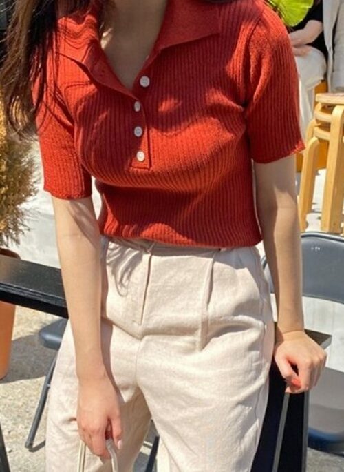 Red Ribbed Knitted Polo Shirt | Jisoo - BlackPink