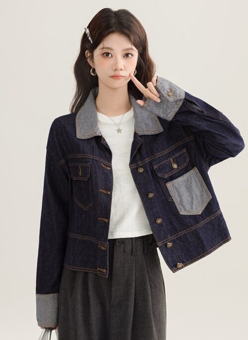 Vintage Contrast Denim Jacket Spring Short Style