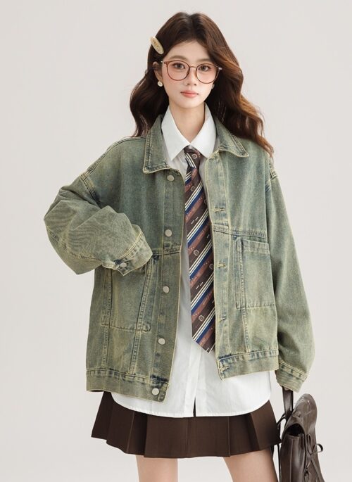 Green Vintage Denim Jacket Casual Chic