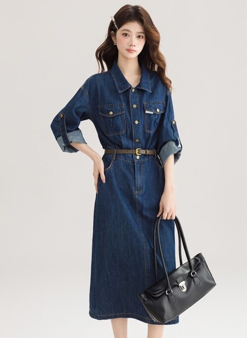 Vintage Denim Shirt Dress With Waist Cinch