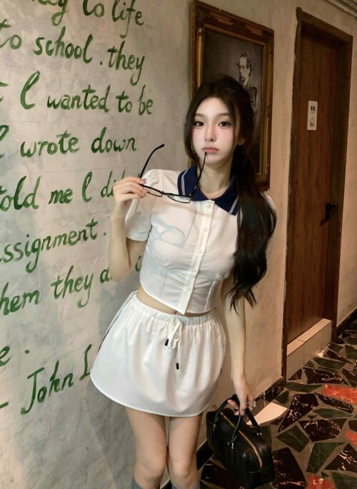 White Button-Up Shirt  WIth Blue Collar | Wonyoung – IVE