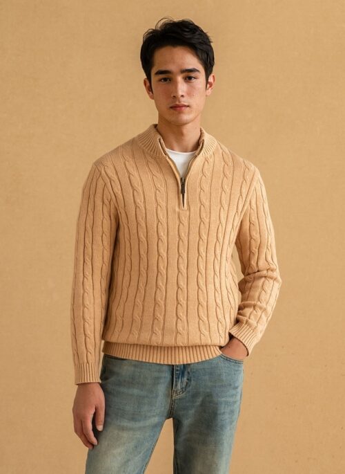 Beige Cable Knit Half-Zip Sweater | Mark – NCT