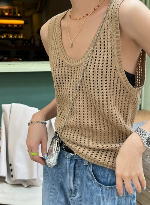 Beige Hollow Knit Sleeveless Top | Somi