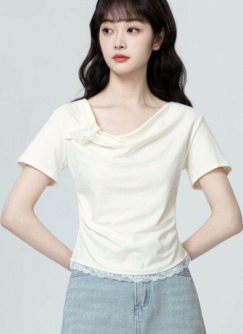 Beige Lace Trim Bowknot Short Sleeve Top