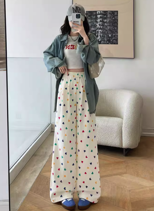 Beige Rainbow Hearts Wide Leg Pants | Hinata - XG