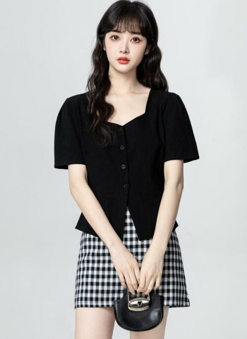 Black Asymmetrical Split Short Sleeve Top