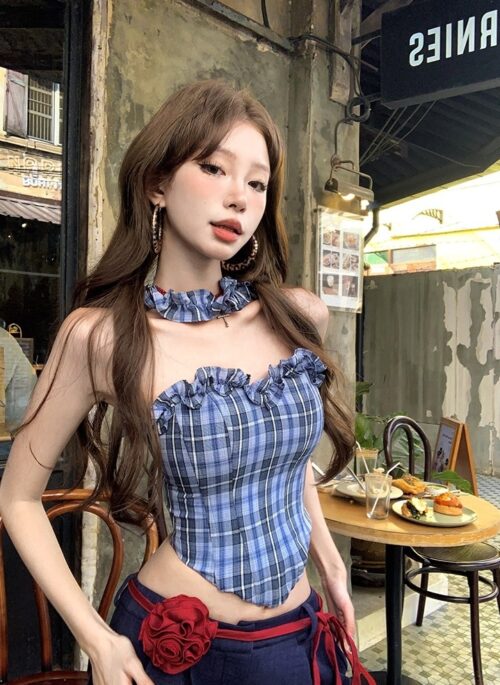Blue Plaid Bustier Halter Top | Solar - Mamamoo
