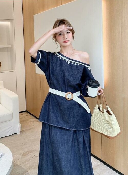Chic Denim Outfit Top And Skirt Set