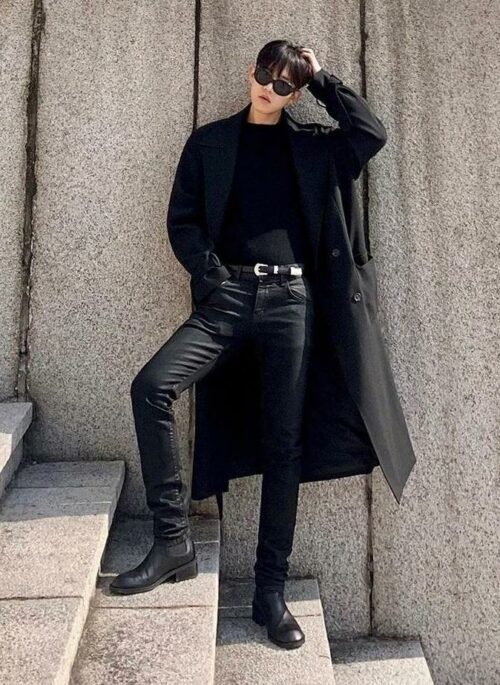 Coated Black Denim Slim Trousers