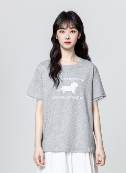 Gray Cartoon Lace Patchwork Loose Short Sleeve Top