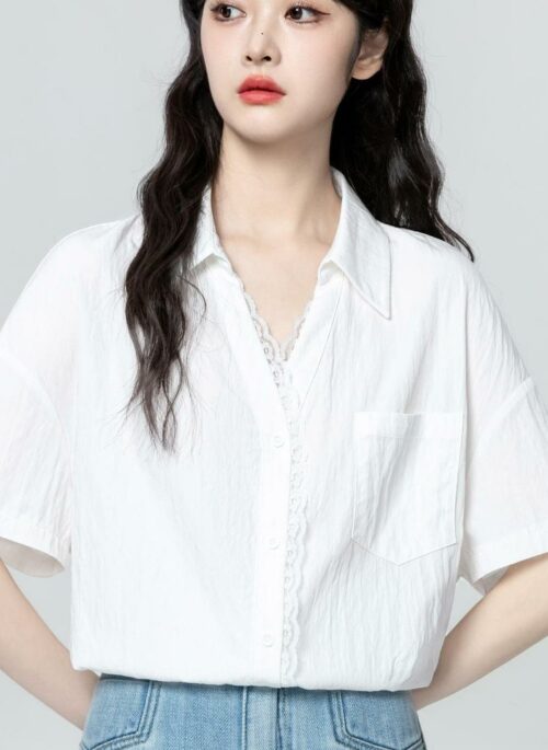 Lace Patchwork White V Neck Short Sleeve Shirt