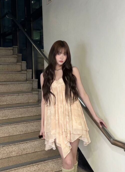 Light Orange Irregular Hem Layered Dress | Eunchae - Le Sserafim