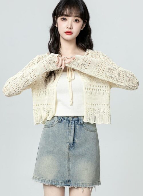 Lightweight Knit Cardigan With Hollow Out Design