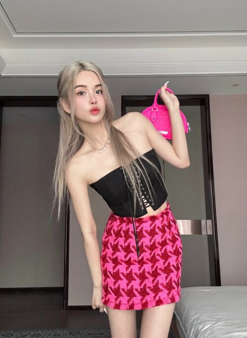 Pink Houndstooth Pattern Woolen Skirt | Rose - BlackPink