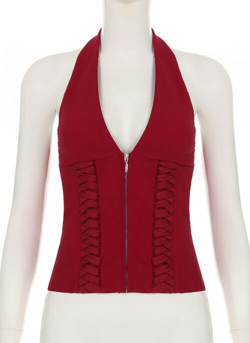 Red Zip-Up Corset Halter Top | Jennie - BlackPink