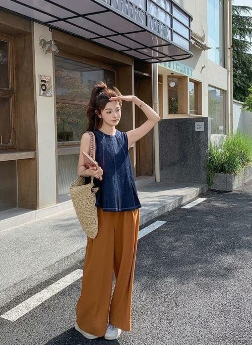 Retro Denim Sleeveless Top Casual Pants Set