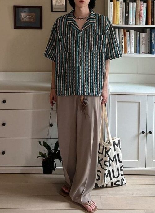 Striped Casual Short Sleeve Cuban Collar Shirt