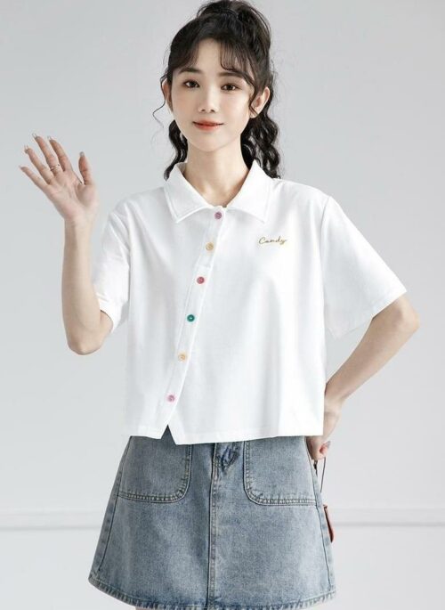White Asymmetrical Short Sleeve Polo Shirt