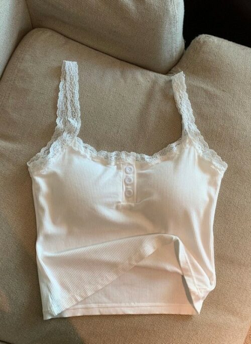 White Half-Buttons Lace Camisole | Lisa - BlackPink