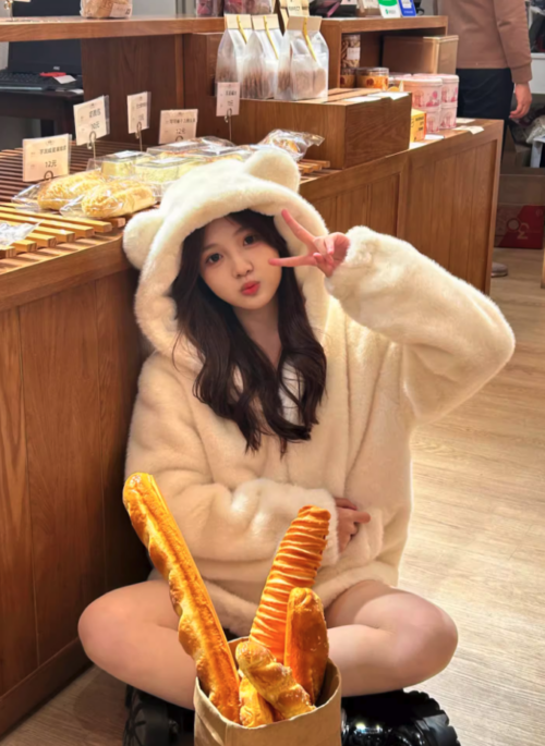 White Plush Bear Ears Hooded Jacket | Jisung - Stray Kids