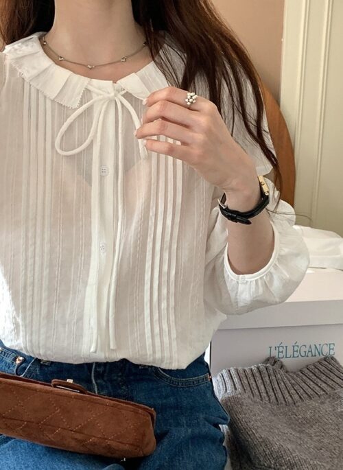 White Ruffle Collar Pleated Blouse | Wendy – Red Velvet