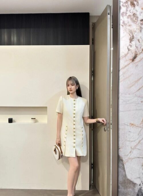 White Short Sleeves Gold Buttons Dress | Lisa – BlackPink