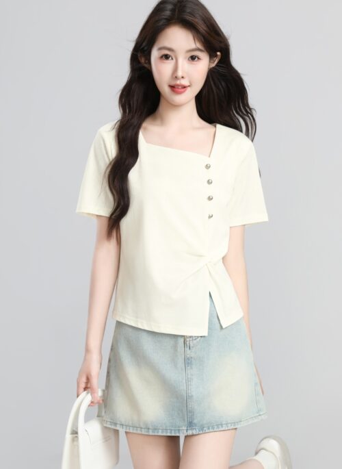 Beige Asymmetrical Hem Split Neck Short Sleeve Top