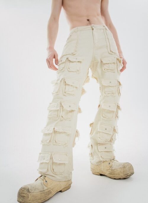 Beige Multiple Pockets Straight Jeans | Woozi - Seventeen