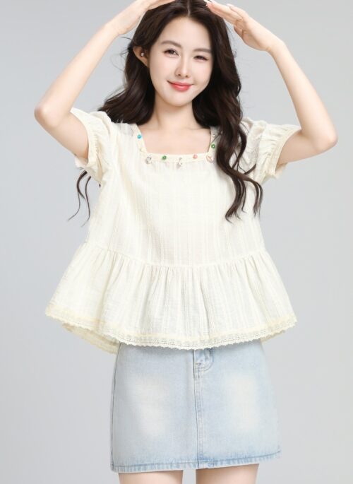 Beige Puff Sleeve French Style Short Sleeve Shirt