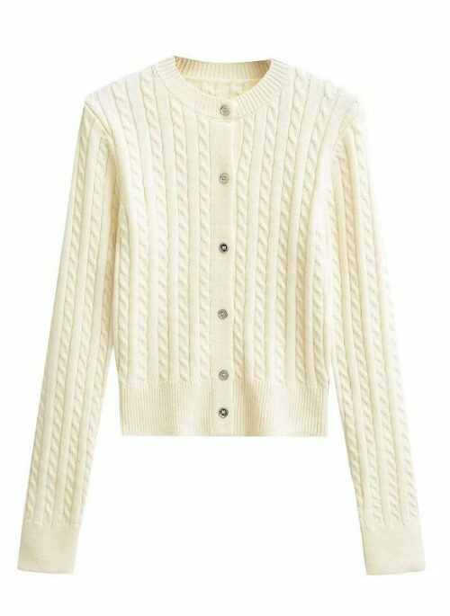 Beige Twist Knit Button-Up Cardigan | Chaeyoung – TWICE