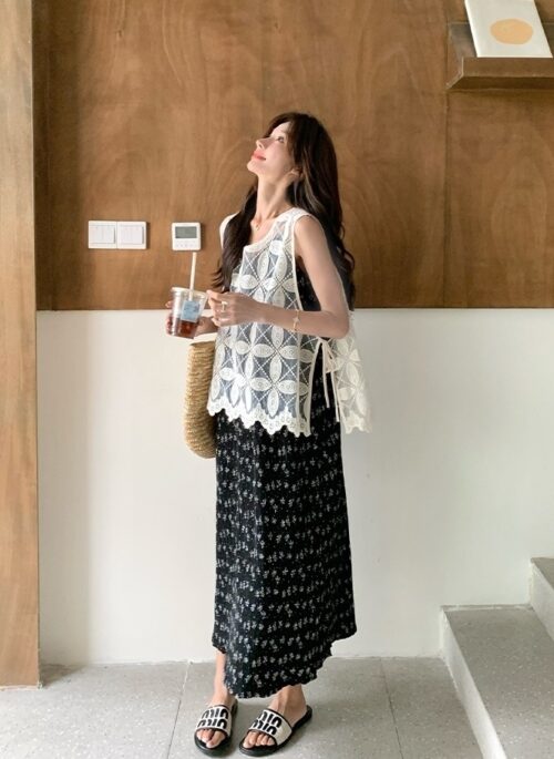 Black Floral Lace Overlay Two Piece Dress Set