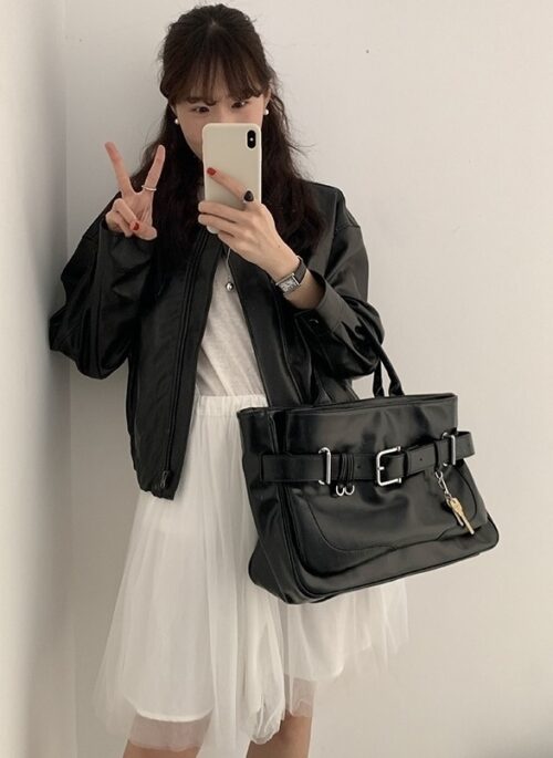 Black Large Buckle Faux Leather Handbag | Ji Kang Hee - Motel California