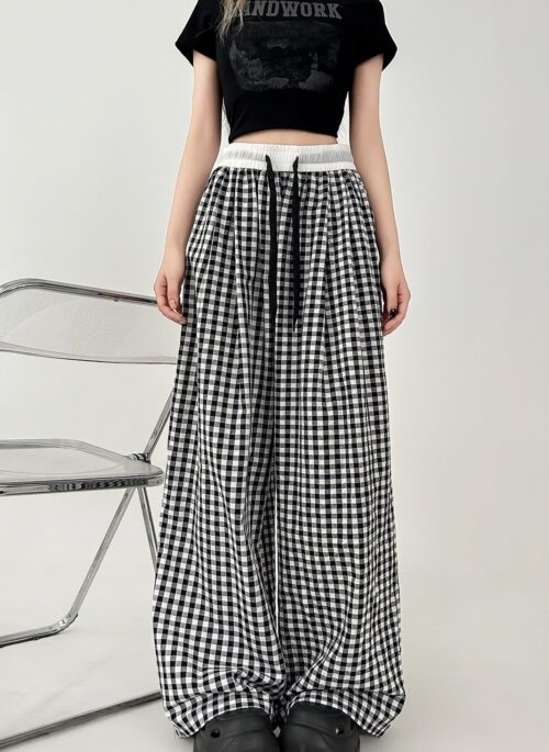 Black Linen Cotton Plaid Drawstring Wideleg Pants