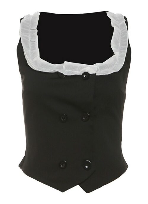 Black Ruffled Neckline Double-Breasted Vest | Jennie – BlackPink