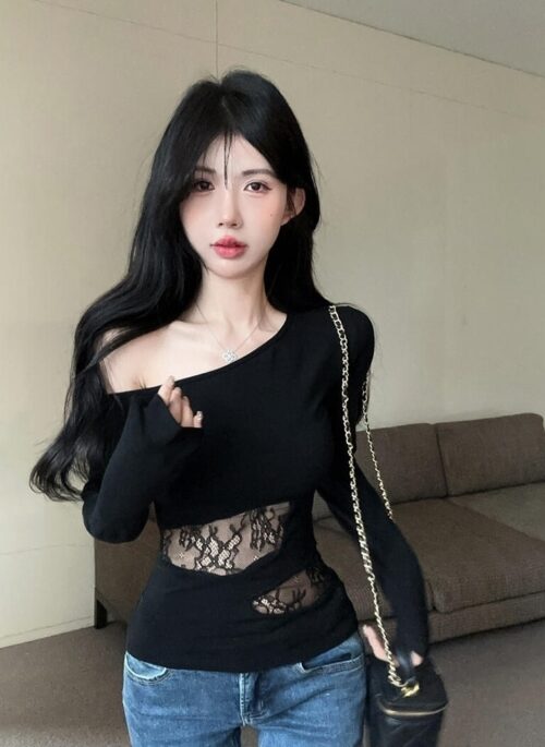 Black See-Through Lace Patches One Shoulder Top | Natty – Kiss Of Life