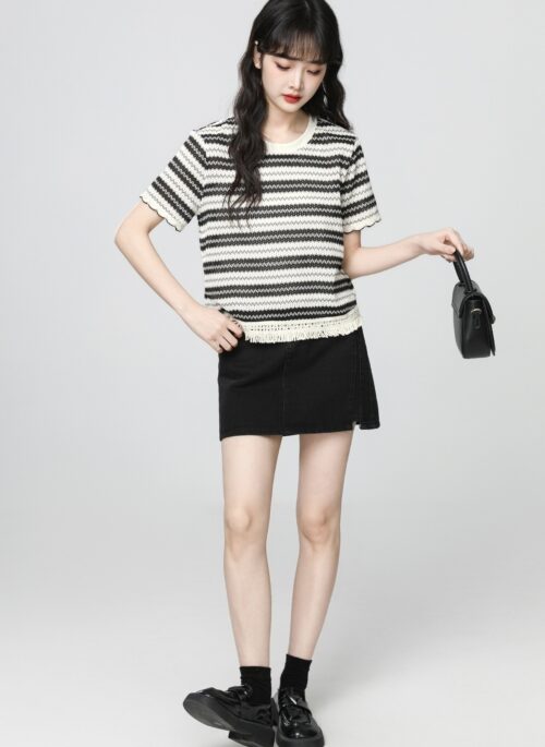 Black Striped Knit Contrast Short Sleeve Top