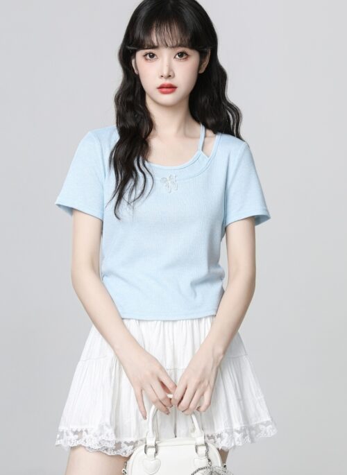 Blue Butterfly Layered Short Sleeve Crop Top