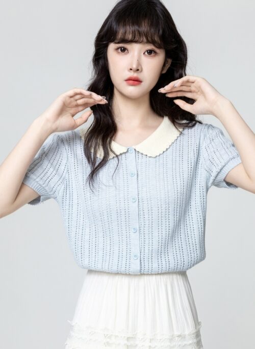 Blue Knit Short Sleeve Collared Top