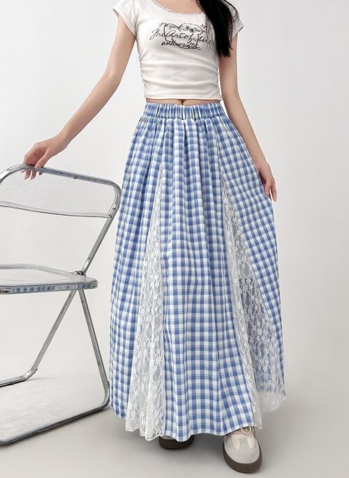 Blue Lace Plaid Flowy A Line Skirt