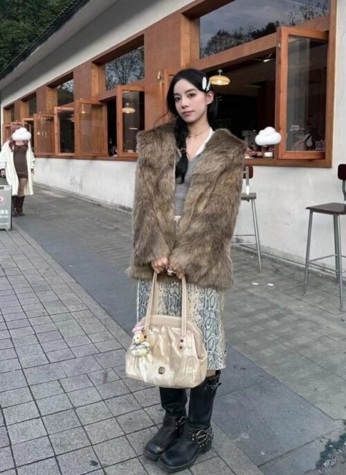 Brown Faux Fur Winter Coat | Jihyo – TWICE