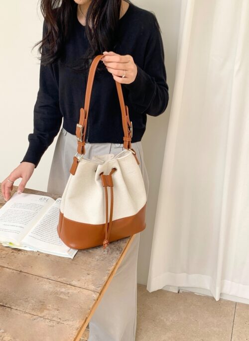 Brown Splicing Shoulder Bucket Bag | Ji Kang Hee – Motel California
