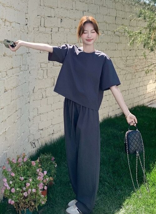 Casual Waist Cinched Top And Wide Leg Pants Set