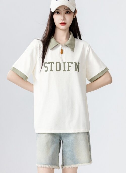 Colorblock Short Sleeve Polo Shirt With Half Zip Design