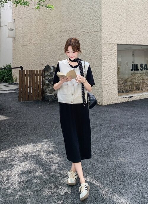 Denim Vest Black Dress Casual Set