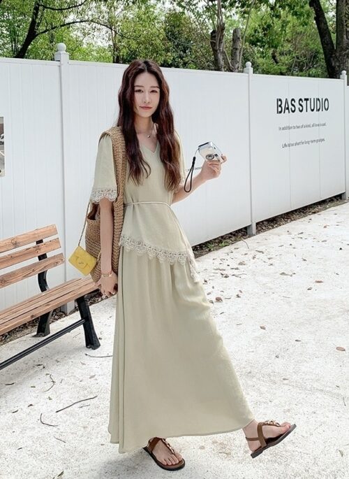 Elegant Lace Patchwork Short Sleeve Skirt Set